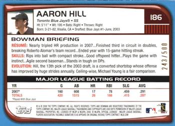 2008 Bowman - Blue #186 Aaron Hill Back