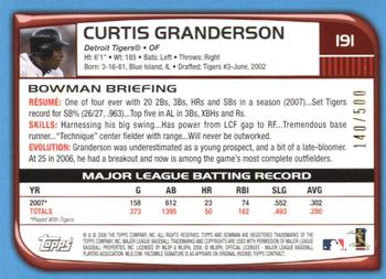 2008 Bowman - Blue #191 Curtis Granderson Back