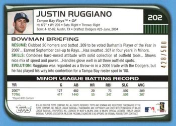 2008 Bowman - Blue #202 Justin Ruggiano Back