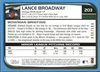 2008 Bowman - Blue #203 Lance Broadway Back