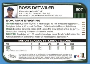 2008 Bowman - Blue #207 Ross Detwiler Back