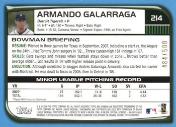 2008 Bowman - Blue #214 Armando Galarraga Back