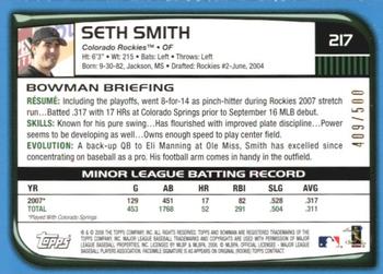2008 Bowman - Blue #217 Seth Smith Back