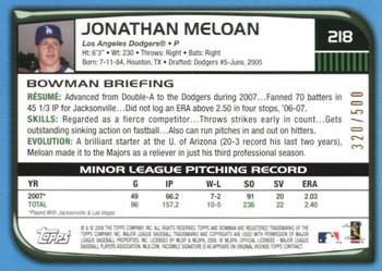 2008 Bowman - Blue #218 Jonathan Meloan Back