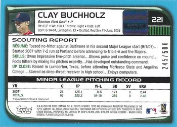 2008 Bowman - Blue #221 Clay Buchholz Back