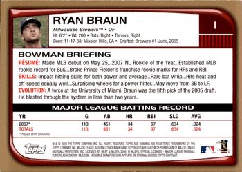 2008 Bowman - Gold #1 Ryan Braun Back