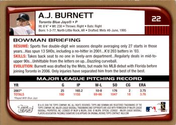 2008 Bowman - Gold #22 A.J. Burnett Back