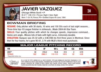 2008 Bowman - Gold #31 Javier Vazquez Back