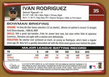 2008 Bowman - Gold #35 Ivan Rodriguez Back