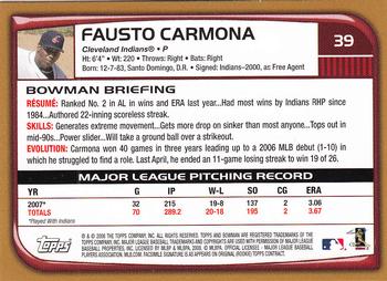2008 Bowman - Gold #39 Fausto Carmona Back