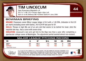 2008 Bowman - Gold #44 Tim Lincecum Back