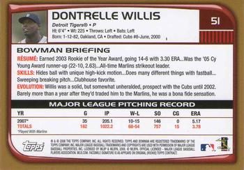 2008 Bowman - Gold #51 Dontrelle Willis Back