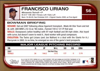 2008 Bowman - Gold #56 Francisco Liriano Back