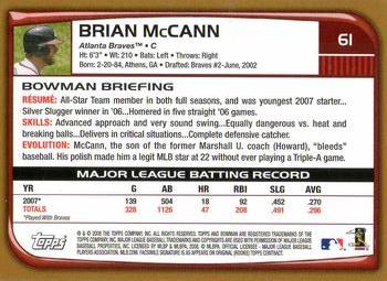2008 Bowman - Gold #61 Brian McCann Back