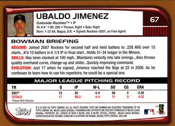 2008 Bowman - Gold #67 Ubaldo Jimenez Back