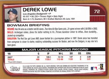 2008 Bowman - Gold #72 Derek Lowe Back