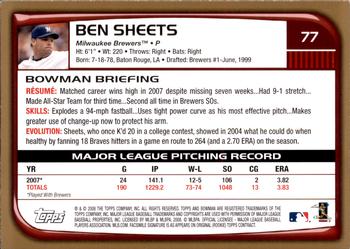 2008 Bowman - Gold #77 Ben Sheets Back