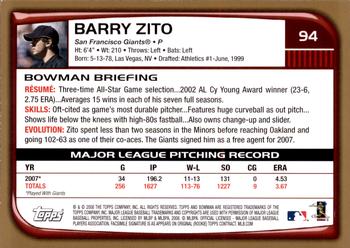 2008 Bowman - Gold #94 Barry Zito Back