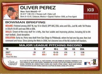 2008 Bowman - Gold #103 Oliver Perez Back