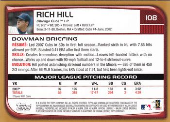 2008 Bowman - Gold #108 Rich Hill Back