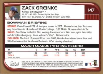 2008 Bowman - Gold #147 Zack Greinke Back