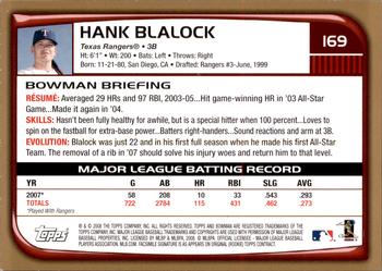 2008 Bowman - Gold #169 Hank Blalock Back