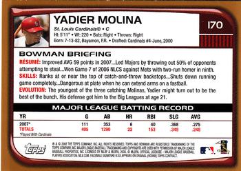 2008 Bowman - Gold #170 Yadier Molina Back