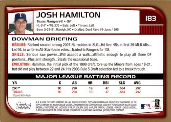 2008 Bowman - Gold #183 Josh Hamilton Back
