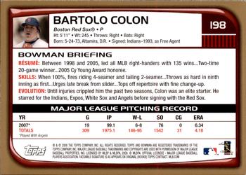 2008 Bowman - Gold #198 Bartolo Colon Back
