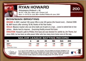 2008 Bowman - Gold #200 Ryan Howard Back