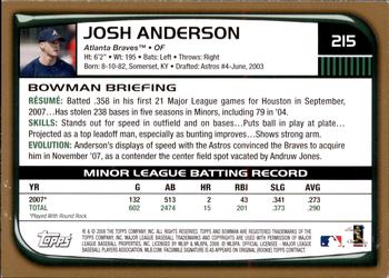 2008 Bowman - Gold #215 Josh Anderson Back