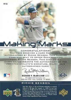 2002 Upper Deck Rookie Debut - Making Their Marks #RS Richie Sexson Back