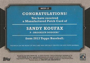 2013 Topps - Manufactured Topps Card Patch #MCP-12 Sandy Koufax Back