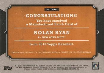 2013 Topps - Manufactured Topps Card Patch #MCP-14 Nolan Ryan Back