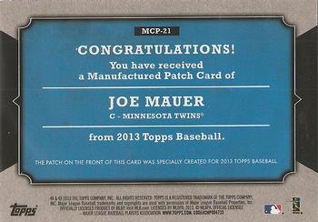 2013 Topps - Manufactured Topps Card Patch #MCP-21 Joe Mauer Back