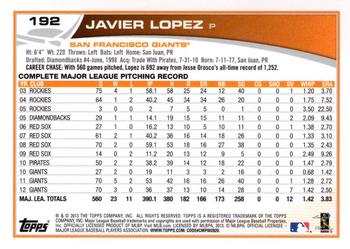 2013 Topps - Silver Slate Blue Sparkle #192 Javier Lopez Back