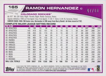 2013 Topps - Silver Slate Framed #165 Ramon Hernandez Back