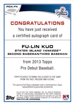 2013 Topps Pro Debut - Autographs #PDA-FK Fu-Lin Kuo Back