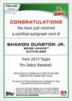 2013 Topps Pro Debut - Autographs #PDA-SD Shawon Dunston Jr. Back