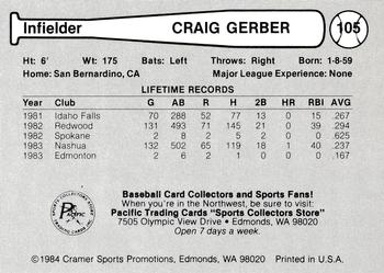 1984 Cramer Edmonton Trappers #105 Craig Gerber Back