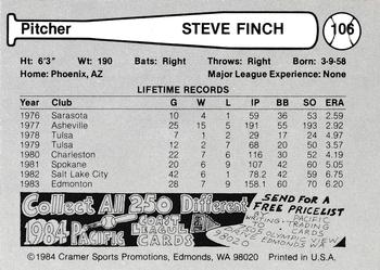 1984 Cramer Edmonton Trappers #106 Steve Finch Back