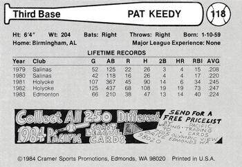 1984 Cramer Edmonton Trappers #118 Pat Keedy Back