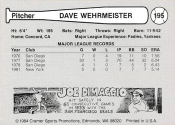 1984 Cramer Portland Beavers #195 Dave Wehrmeister Back