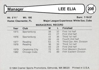 1984 Cramer Portland Beavers #200 Lee Elia Back
