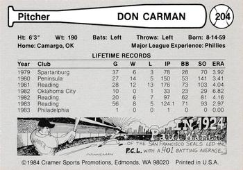 1984 Cramer Portland Beavers #204 Don Carman Back