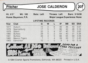 1984 Cramer Portland Beavers #207 Jose Calderon Back