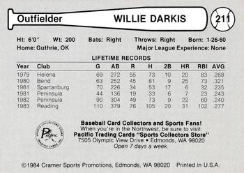 1984 Cramer Portland Beavers #211 Willie Darkis Back
