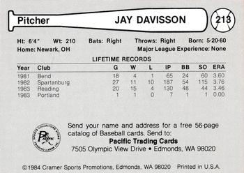 1984 Cramer Portland Beavers #213 Jay Davisson Back