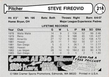 1984 Cramer Portland Beavers #214 Steve Fireovid Back