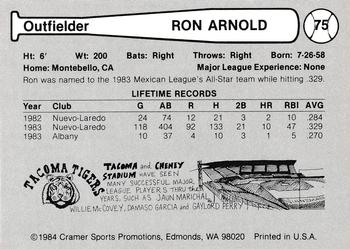 1984 Cramer Tacoma Tigers #75 Ron Arnold Back